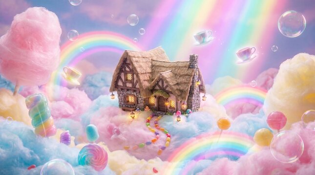Whimsical fantasy house on clouds with candy rainbow and bubbles