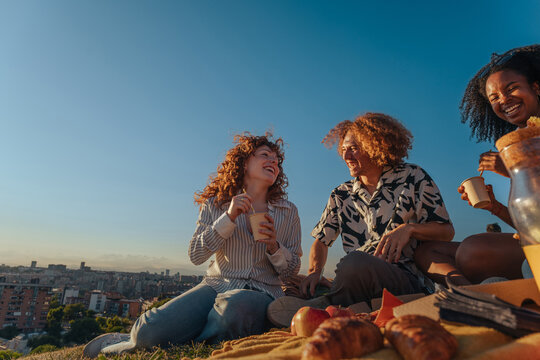 Diverse friends enjoying a picnic on a hill overlooking city