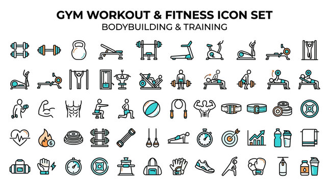 Gym Workout & Fitness Icon Set: Bodybuilding, Training, Health, Exercise Equipment, Sports