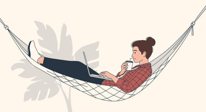 Relaxed Woman Working on Laptop in Hammock with Coffee