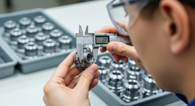 Precision component inspection with digital caliper in controlled factory setting illustrates dimensional accuracy, industrial quality assurance and compliant manufacturing workflow.