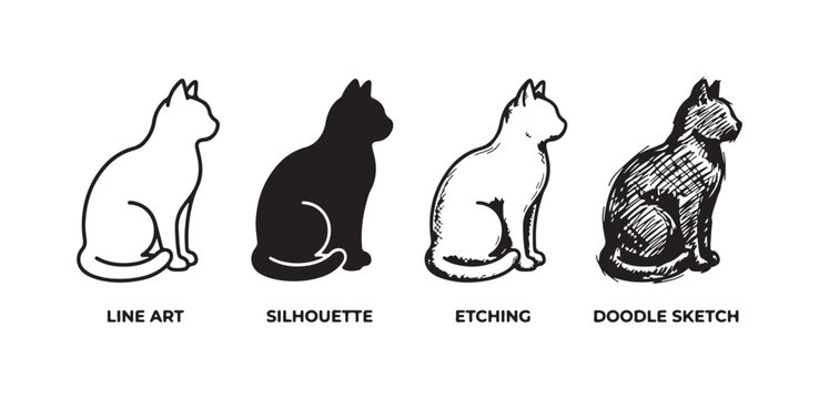 Side view of a sitting cat facing right, clearly labeled with its four distinct artistic styles: Line Art, Silhouette, Etching, and Doodle Sketch.