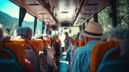 Fototapeta premium Elderly travelers enjoy a scenic bus tour through mountainous landscape, seated in bright orange seats. 