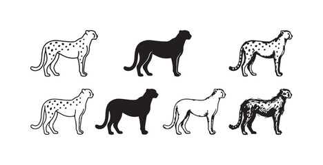 Set of six standing cheetah icons in various styles: outline with spots, solid fill, outline without spots, and detailed hand-drawn textures. © Ірина Гринюк