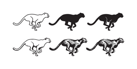 Set of six running cheetah icons in various styles: outline, solid fill, and detailed hand-drawn textures, demonstrating slight variations in stance. © Ірина Гринюк