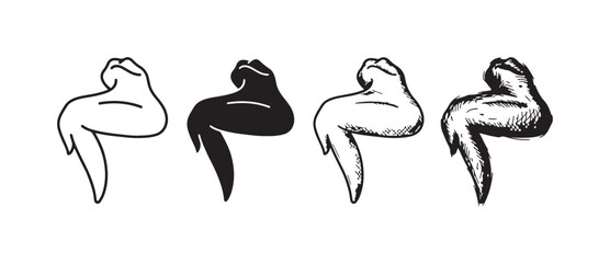 Obraz premium Single Chicken Wing (Drumette or Flat) Facing Right Icon Set in Line Art, Silhouette, Etching, and Sketch Styles