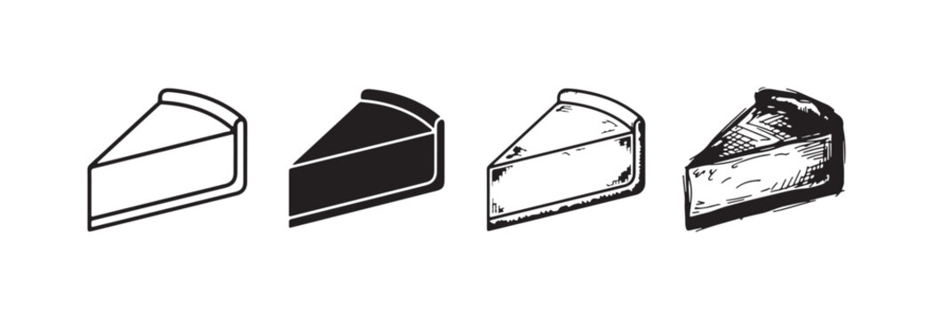 Row of four cheesecake slice icons in various styles: outline, solid fill, and detailed hand-drawn textures.