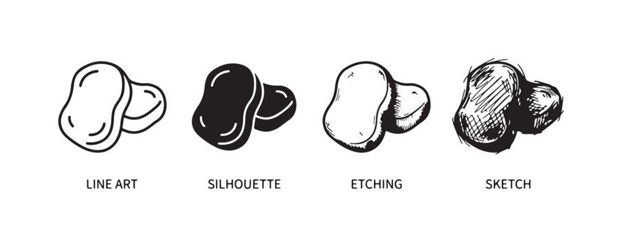 Two Bean-Shaped Objects Icon Set with Labels for Line Art, Silhouette, Etching, and Sketch Styles