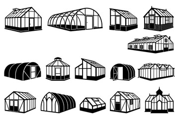 Fototapeta premium Diverse greenhouse designs: variety of structures and styles in silhouette.