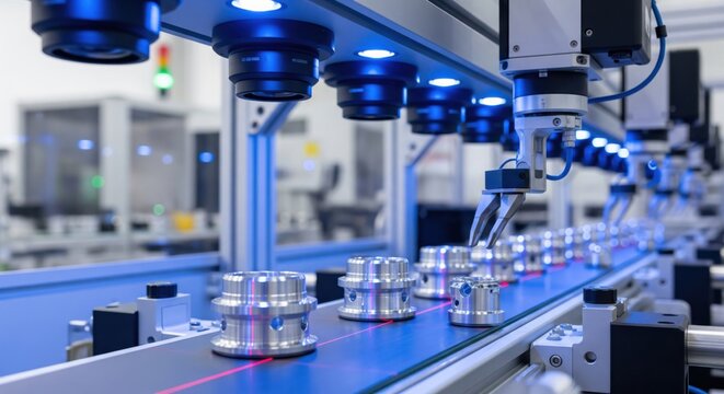 Smart factory AI vision system inspecting products on conveyor belt with industrial cameras, showing automated quality control, defect detection and precision manufacturing workflow