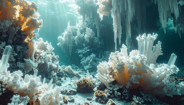 A scuba diver explores a vibrant coral reef teeming with tropical fish in the deep blue water of the Red Sea
