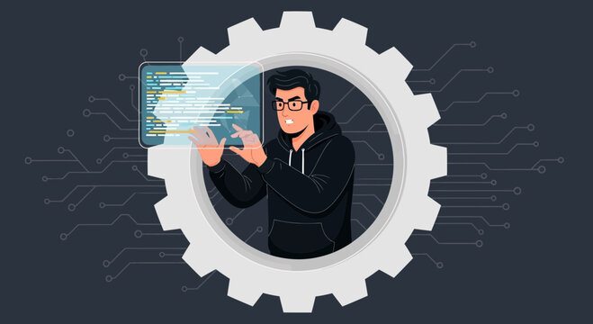 Programmer working on digital interface in gear and circuit background