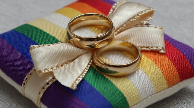 Two elegant gold wedding rings rest on a vibrant rainbow striped ring bearer pillow adorned with a cream satin bow