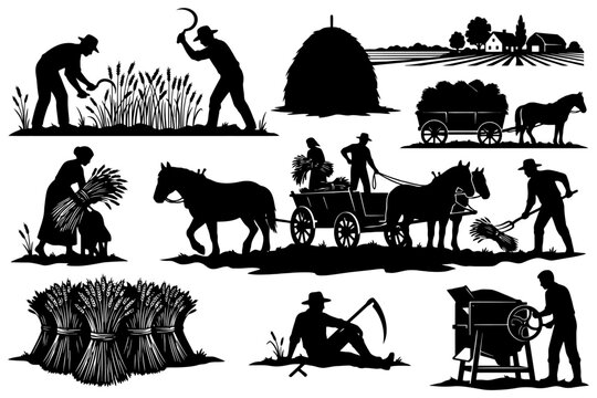 Silhouettes of farmers harvesting wheat with tools and horses in rural landscapes.