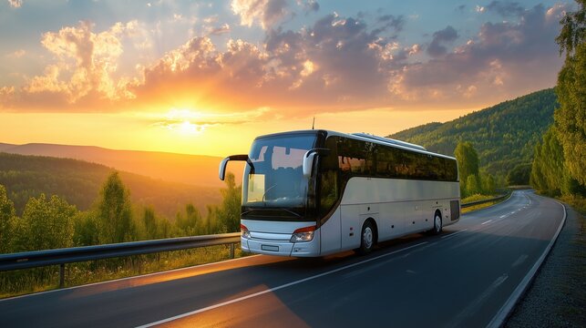 White tour bus travels along scenic mountain highway during golden sunset with dramatic clouds painting the sky above forested hills, evoking freedom and adventure of road travel.