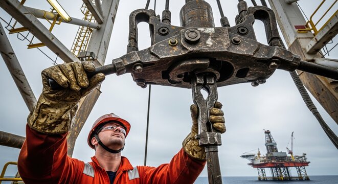 Derrickhand controlling automated power tongs on offshore oil rig floor. Professional technician managing heavy drilling operations in marine sector.