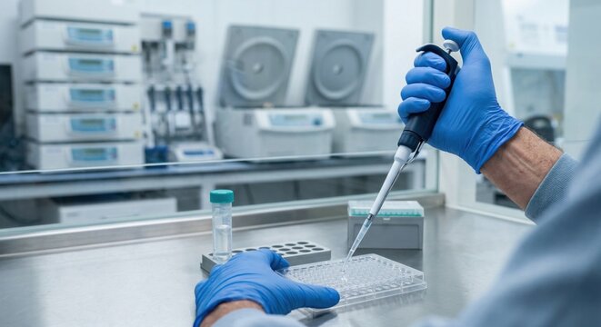 Scientist pipetting liquid sample into cell culture plate inside sterile laminar hood. Professional researcher working on personalized medicine manufacturing process.