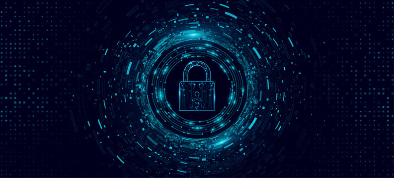 Cybersecurity concept featuring a glowing cyber padlock surrounded by decaying big data elements on dark background. Secure networks and encryption technology. Vector illustration.