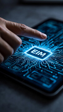 Digital Innovation and Integration: A fingertip touches a glowing blue chip displaying EIM on a smartphone screen, surrounded by circuit board pathways.