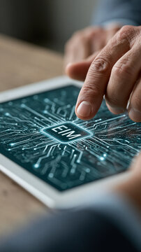 Digital Transformation with EIM: A close-up shot shows a hand using a tablet displaying a glowing circuit board with EIM in the center.