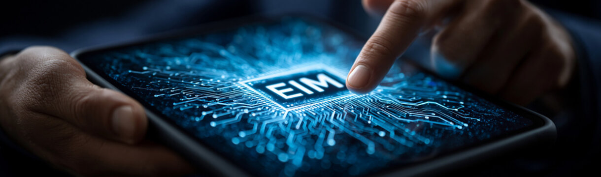 Digital Innovation Touchscreen: A finger interacts with a futuristic tablet displaying a glowing circuit board with the letters EIM at its center.