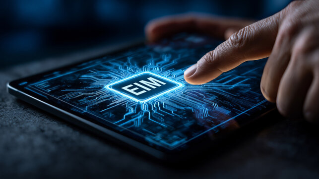 EIM Technology Interface: A close-up of a fingertip interacting with a tablet screen displaying a glowing EIM chip, symbolizing advanced technology and digital integration.