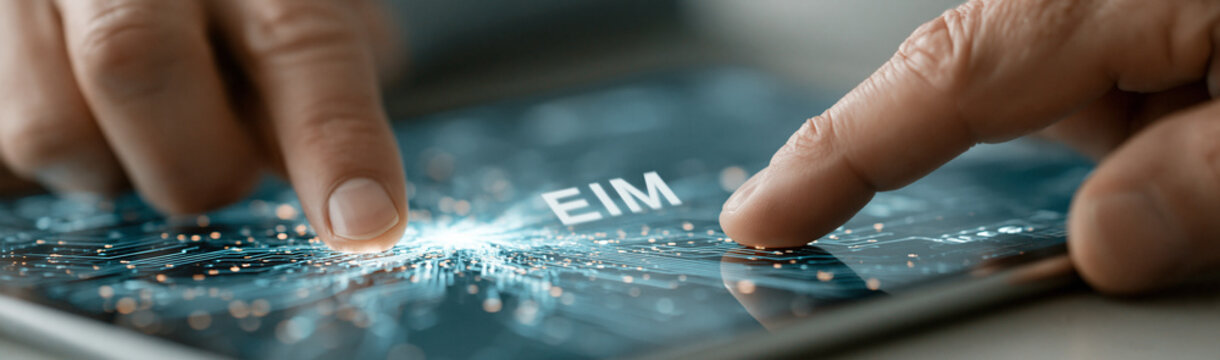 Digital Touchpoint: A close-up shot showcases fingers interacting with a digital interface, highlighting the EIM label on a futuristic tablet screen.