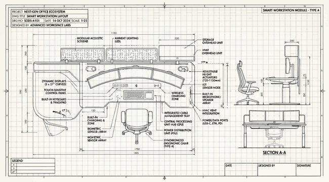 Technical drawing of a modern ergonomic workstation setup with desk and chair