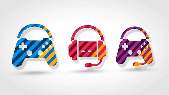 Gaming controller and headset icons for video game apps and entertainment ui, colorful striped vector set