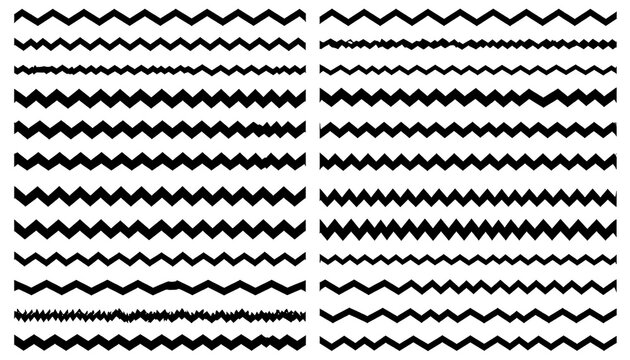 Collection of black zigzag lines and wavy borders in various textures and thicknesses, simple design elements