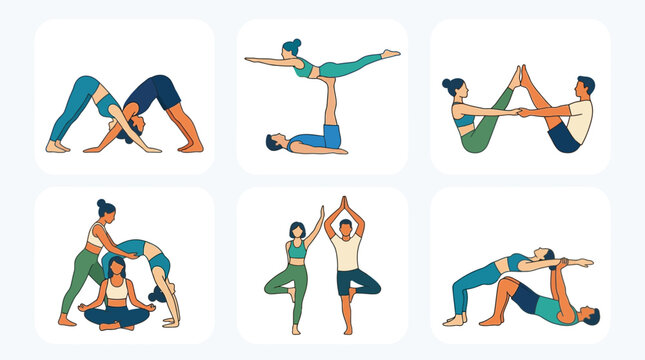 Couple Yoga Poses Illustration Set: Acro Yoga, Partner Fitness, Balance, Flexibility