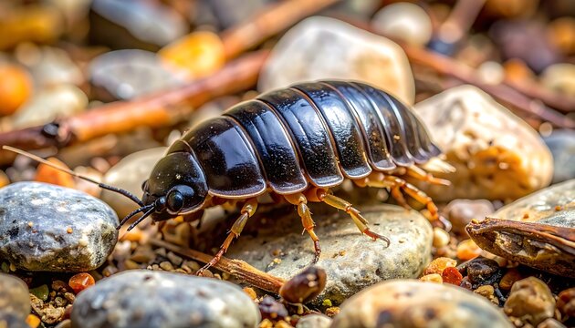 Closeup of a silverfish insect outdoors.