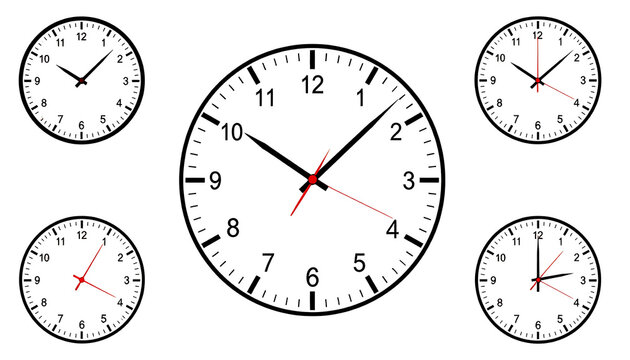 collection of circular clocks showing different times, timekeeping instruments, analog watch faces