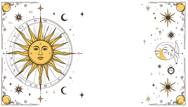 celestial sun and moon border design with stars and constellations, zodiac elements