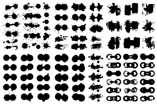 Collection of black ink splatter and rorschach patterns on white background.