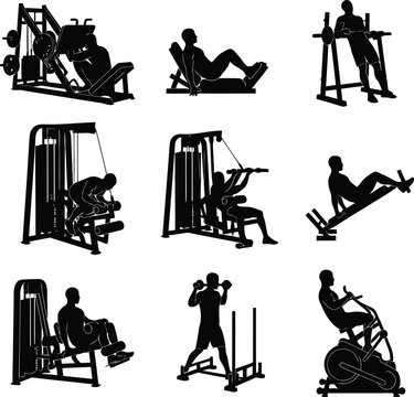 Fitness Machine Silhouettes Set Isolated on White, Gym Equipment and Exercise Workout Icons