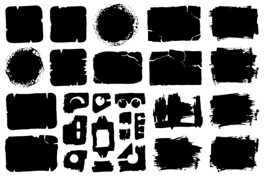 Collection of grunge textured black shapes and abstract frames on white background.