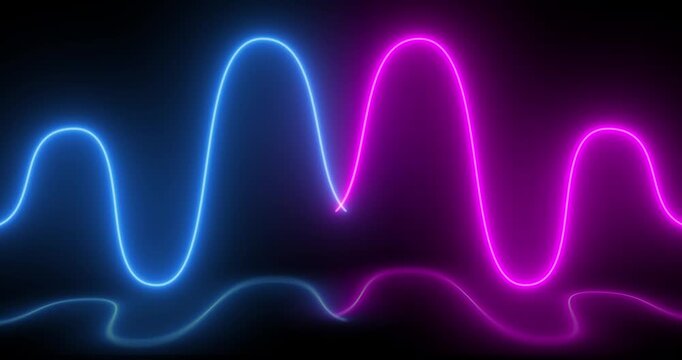 Abstract pink blue neon background with glowing wavy lines. Minimalist animation of pink and blue sine waves intertwining in a smooth, rhythmic motion.