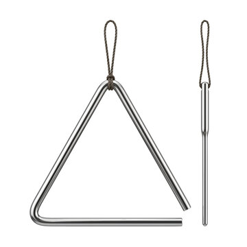 Musical triangle percussion instrument with beater on transparent background
