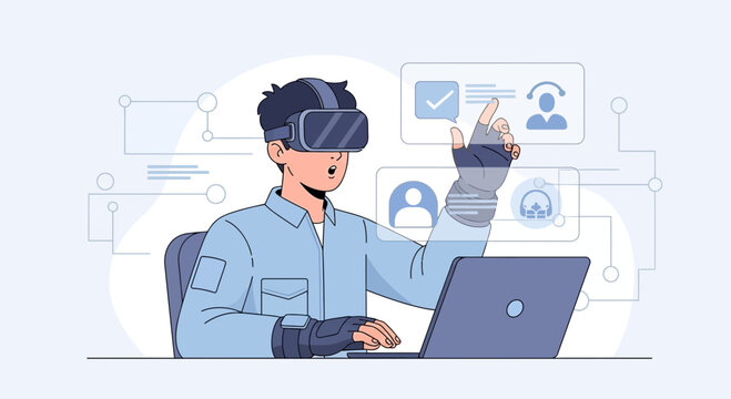 Man using VR headset and gloves with laptop for immersive technology