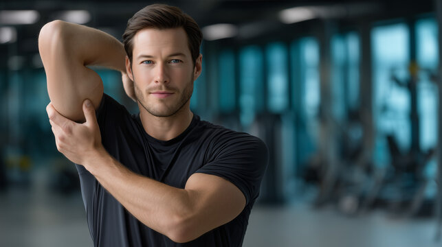 Handsome, well built young man is stretching his triceps during a warm up before a workout at the gym, with a blurred background.