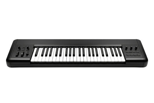 Modern black electronic synthesizer keyboard on transparent background