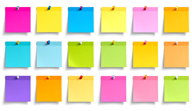 Collection of 15 colorful sticky notes pinned on a white background, top down view, vibrant and organized