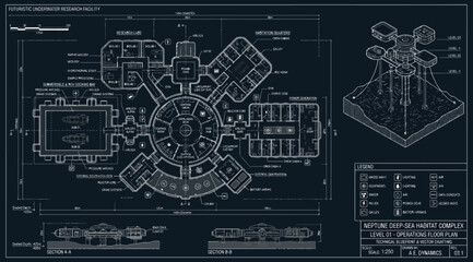 Architectural blueprint of neptune deepsea marine research complex level 01 © S.Siam
