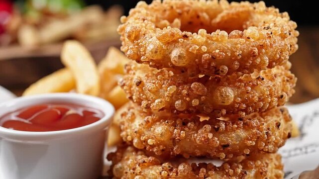 Stack of crispy fried onion rings with ketchup. Close-up of golden breaded appetizer with french fries in the background. Fast food concept
