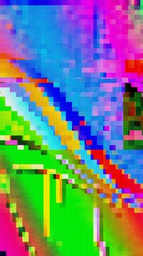 Multicolor 8-bit pixel sorting with digital distortion and scanline artifacts looping seamlessly. Animated retro glitch texture for festival background, Cyber Monday sale graphic, and VJ loop.