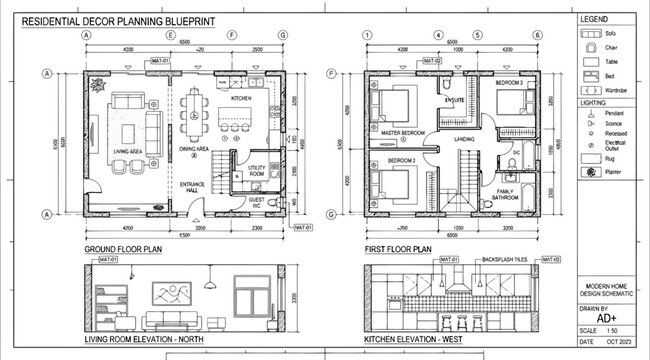 Residential decor planning blueprint with ground and first floor plans