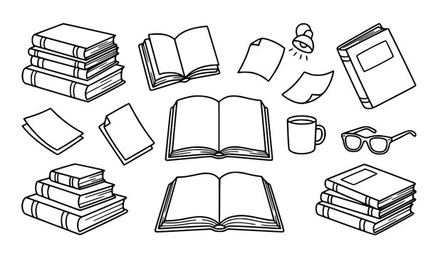 Black outline cartoon book set vector illustration with textbooks and library reading education icons