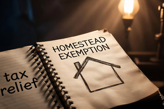 A close-up of an open spiral notebook with "HOMESTEAD EXEMPTION" and a house drawing written on the page, illuminated by warm lighting.