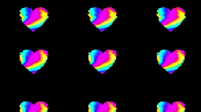 Multicolor 8-bit pixel hearts with rainbow distortion and digital glitch effects flickering on black background. Seamless looping motion graphics for rave poster, Cyber Monday sale, and VJ loop.